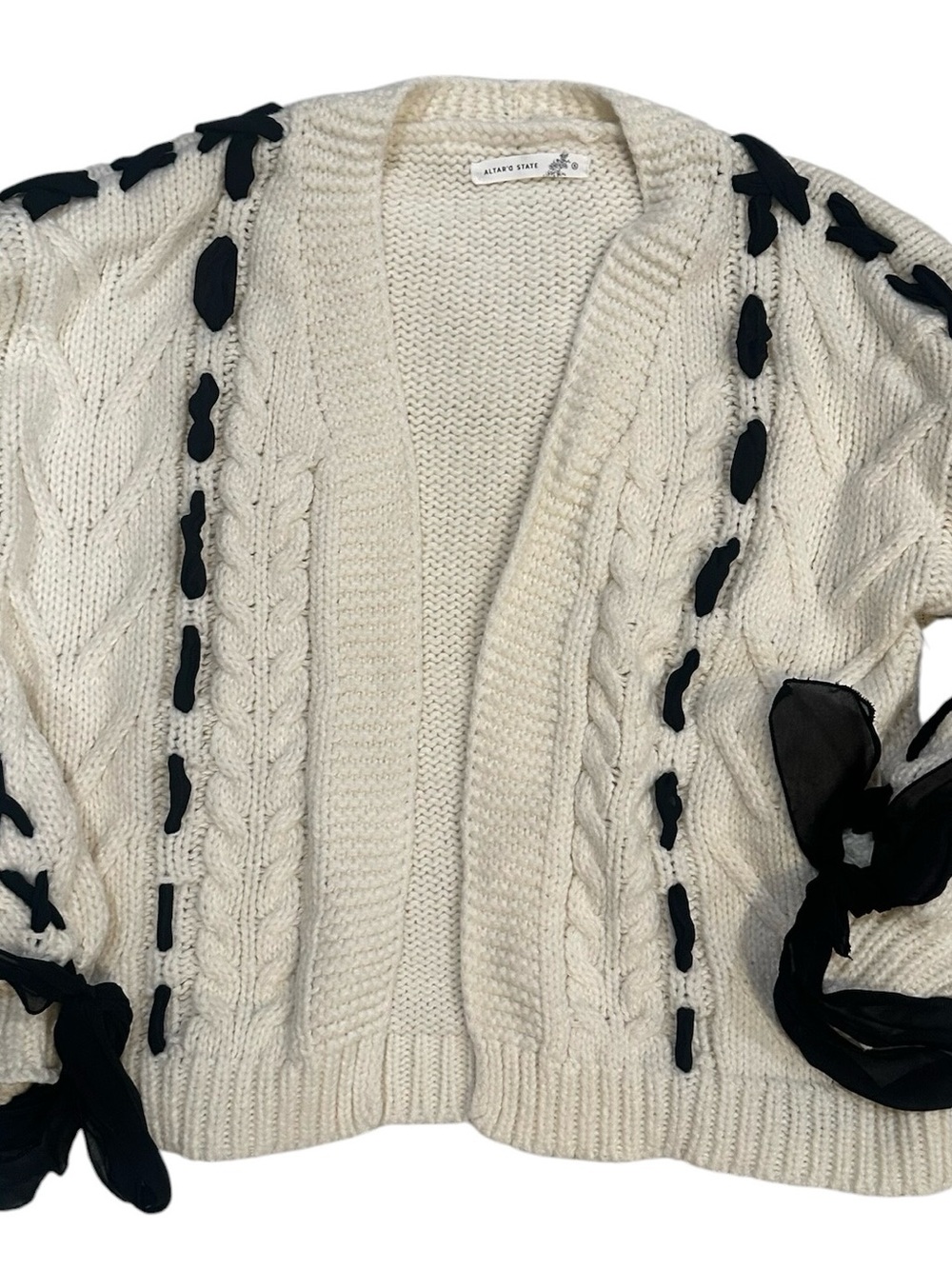 altar’d state cream cable knit cardigan with black ribbon lace along the sleeves - Picture 2 of 6